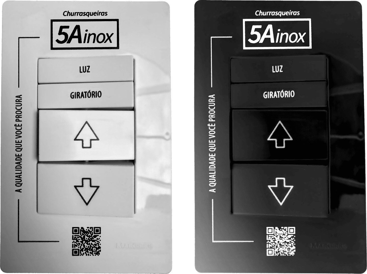 Interruptores intuitivos 5A Inox nas versões branca e preta, com comandos de luz, giratório e altura da grelha